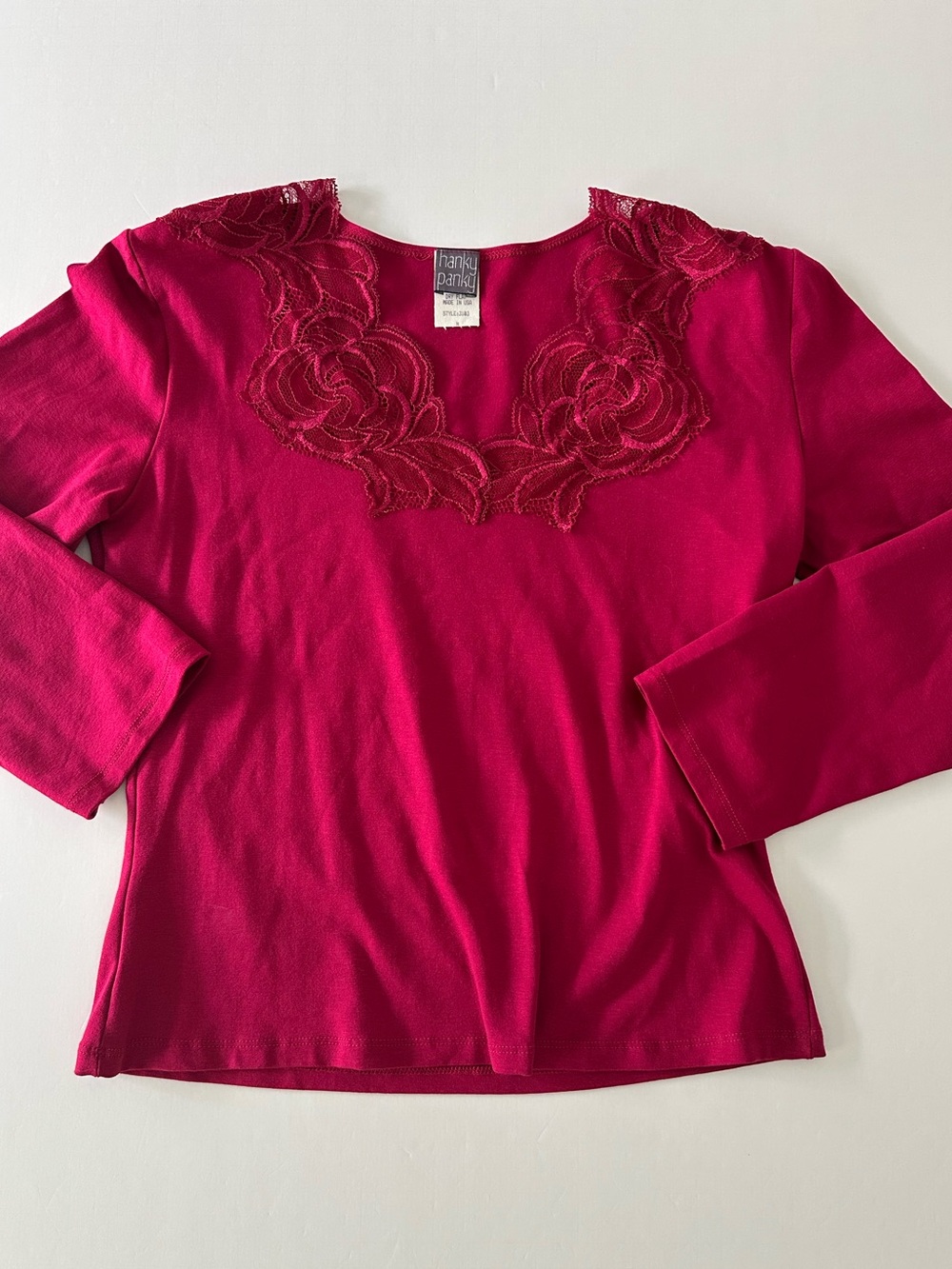 Hanky Panky Women’s Magenta Top With Floral Embroidery On Neckline Size Medium